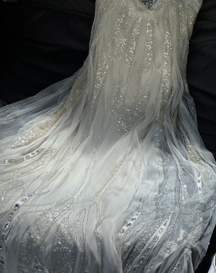 Glitter Spaghetti Straps Off White Chiffon Sequin Beaded Mermaid Evening Dress Long Party Dres D939