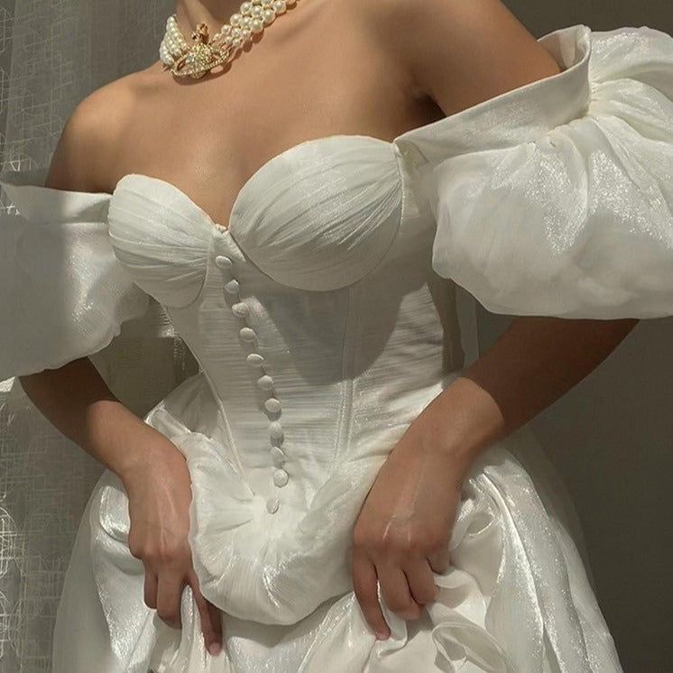 Satin Off Shoulder Puff Sleeve Corset Button Front Dress