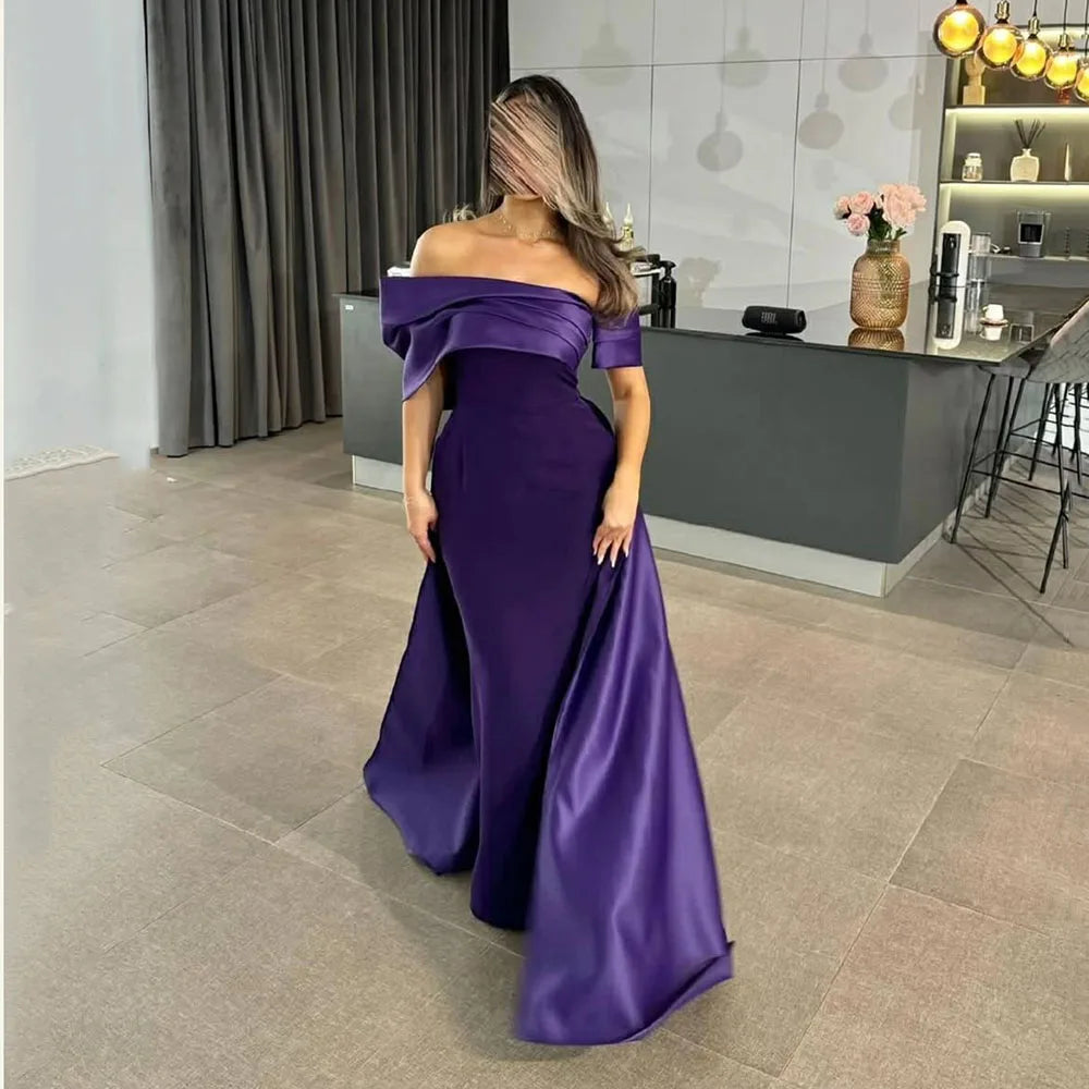 2025 Off Shoulder Evening Dress Purple Satin Formal Gown Slit Elegant Prom Dress Floor Length Party Dress Customizd