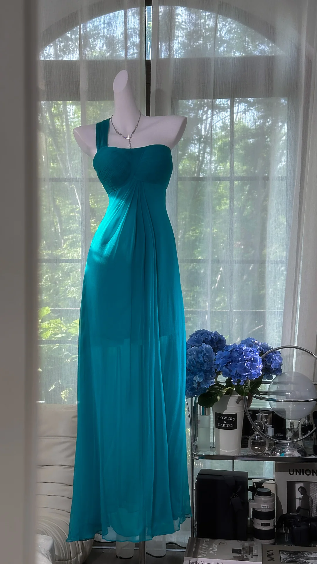 Elegant One Shoulder Blue Chiffon Long Prom Dress Formal Party Gown D869