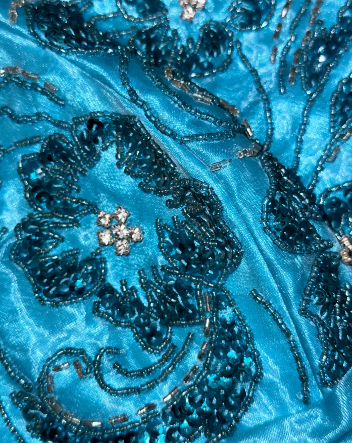 Elegant Strapless Satin Organza Beaded Mermaid Evening Dress Blue Long Party Gown D1428