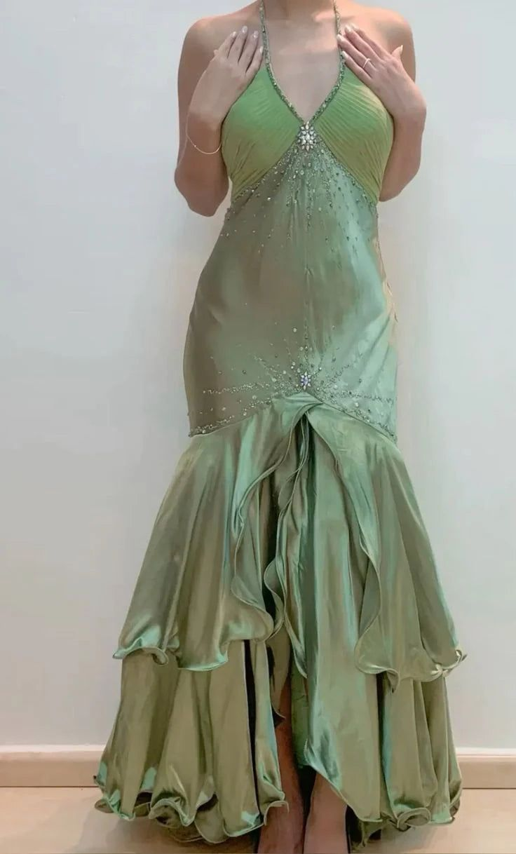 Vintage Sage Green Halter V Neck Satin Beaded Mermaid Prom Dress Long Evening Dress D1283