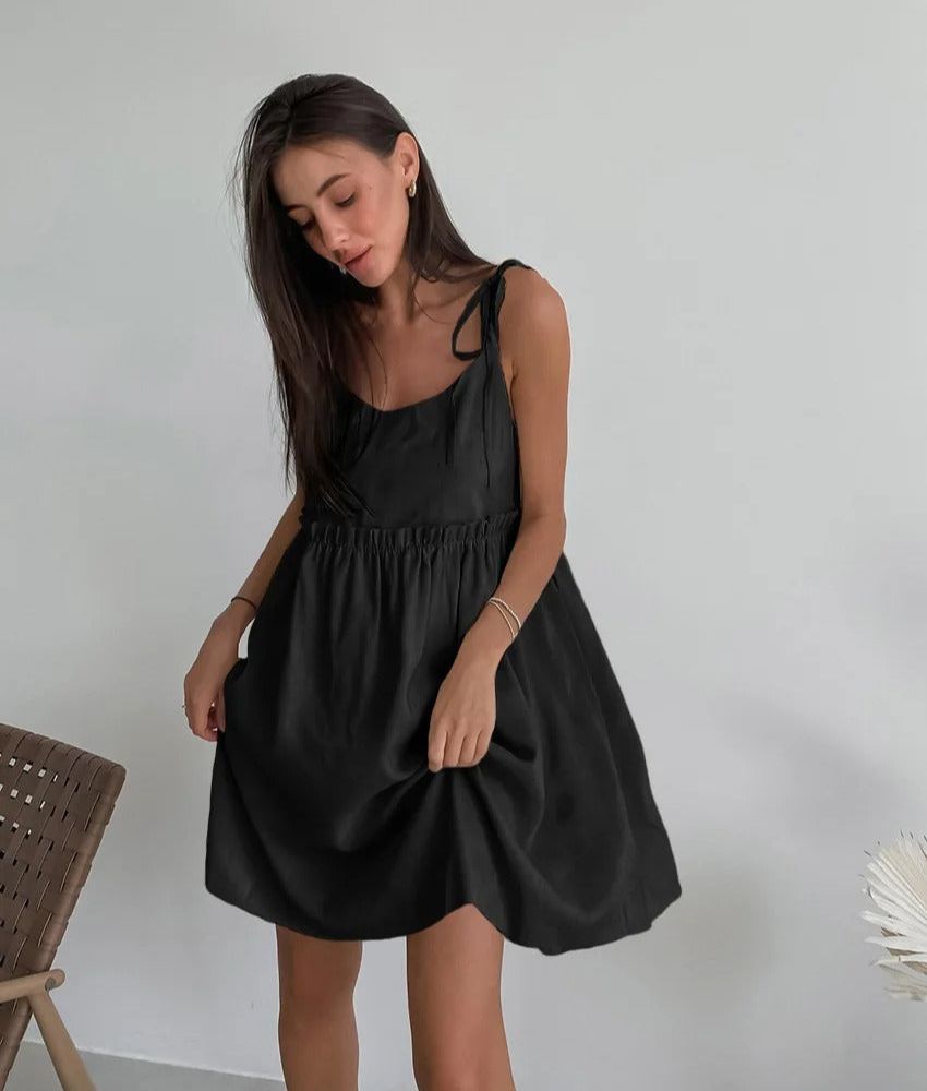 Spaghetti Strap Tie Shoulder Empire Waist Ruffled Babydoll Mini Dress