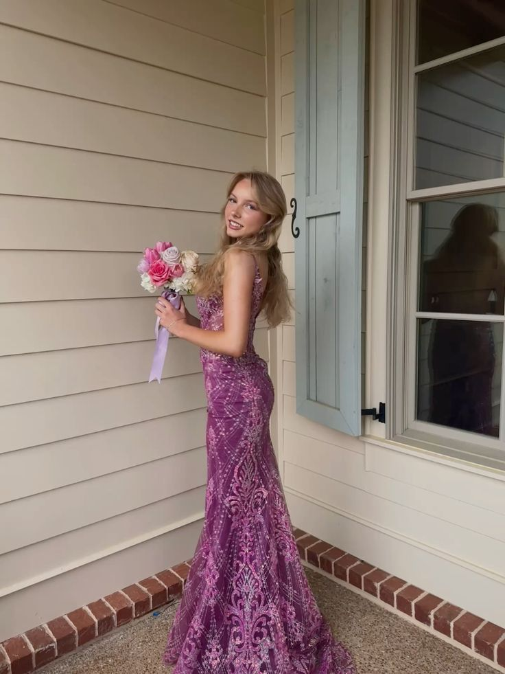 Gorgeous Spaghetti Straps Purple Tulle Lace Beaded Mermaid Party Dress Long Wedding Guest Dress D1575