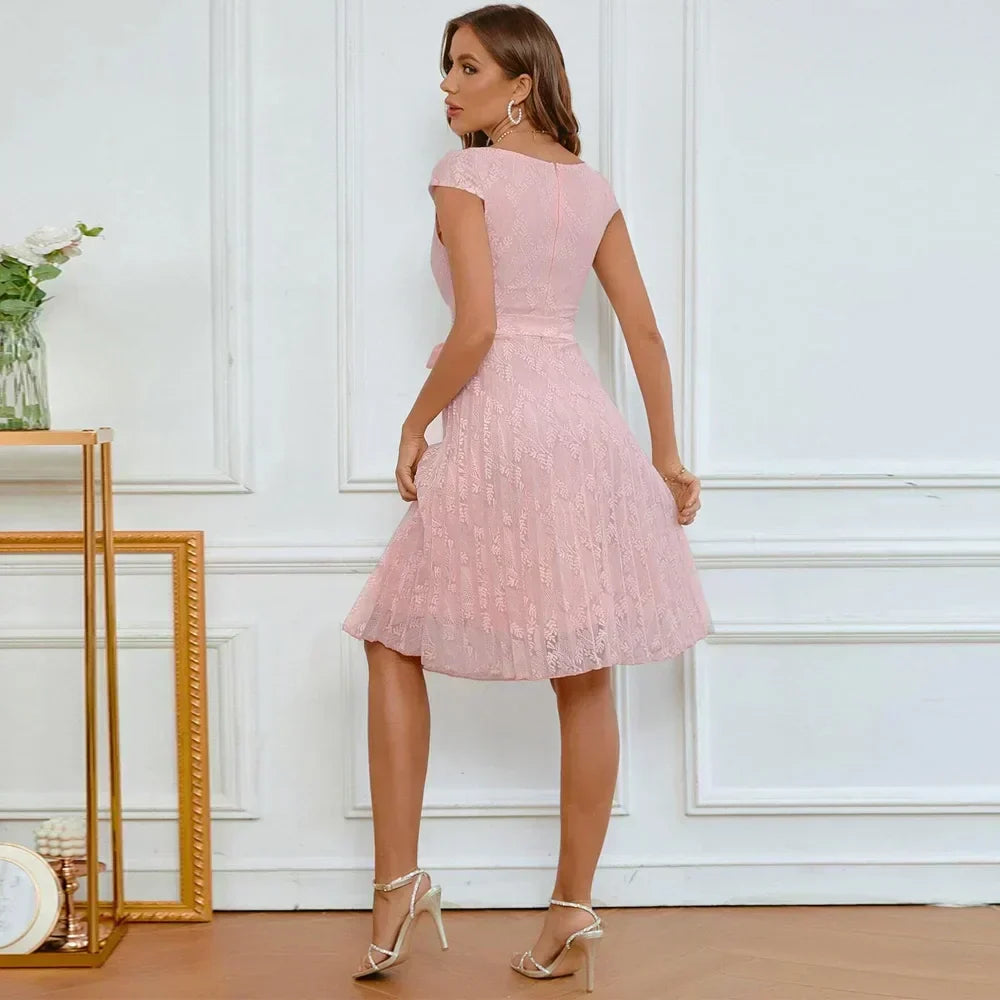 Lace Cap Sleeve Belted Fit and Flare Cocktail Mini Dress