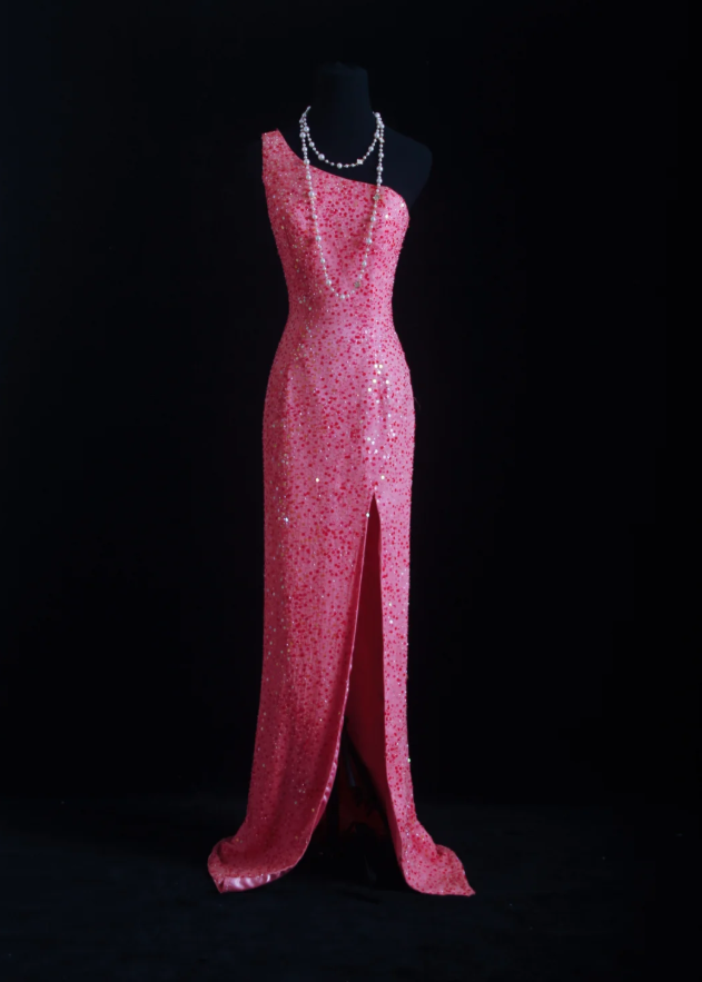 Gorgeous Pink One Shoulder Sequin Beaded Slit Mermaid Long Party Dress Evening Gown D1681