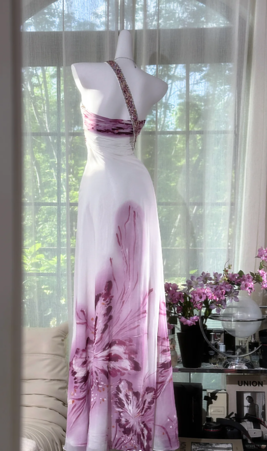 Pretty One Shoulder Beaded White Chiffon Lilac Floral Mermaid Evening Dress Long Party Gowns D917