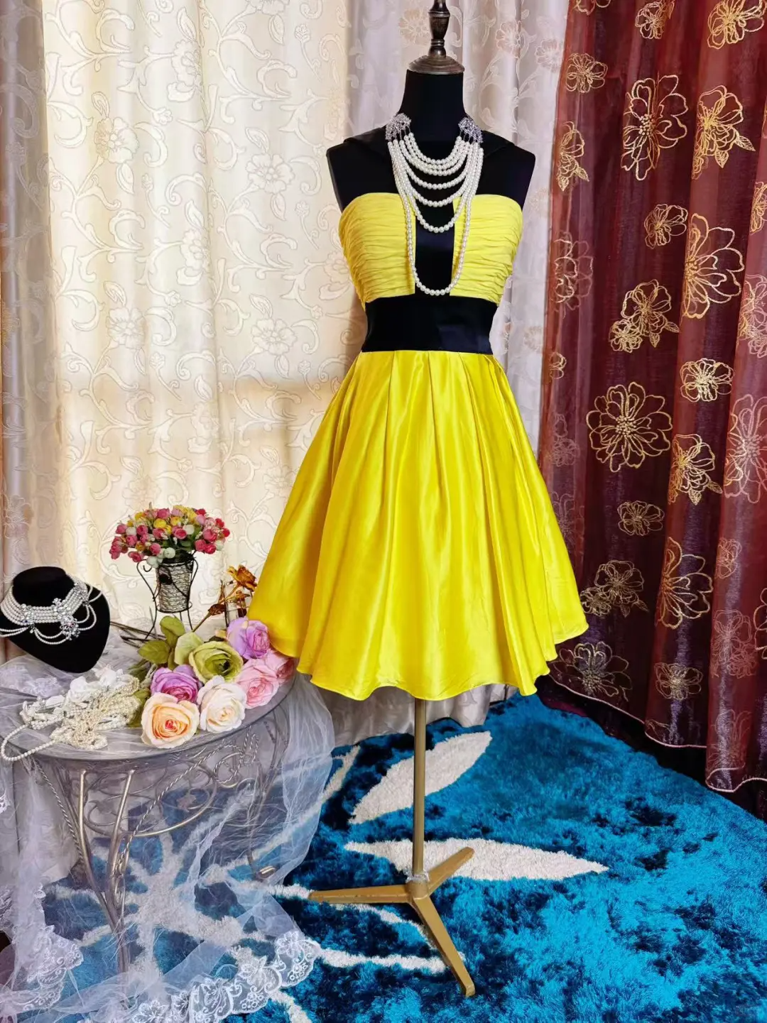 Fashion Yellow Black Splicing A Line Short Party Dress Formal Graduation Homecoming Dress D527
