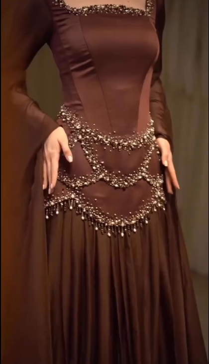 Gorgeous Brown Satin Chiffon Beaded Mermaid Prom Dress Long Party Gown D889