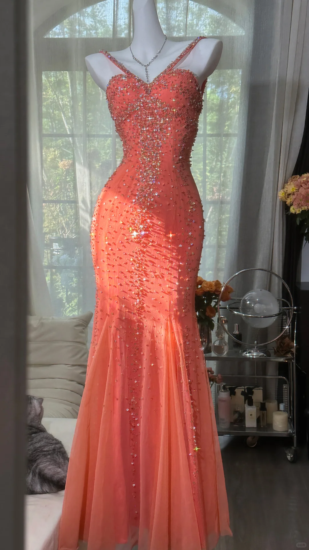 Sparkly Spaghetti Straps Orange Chiffon Beaded Mermaid Evening Dress Long Party Dress D868