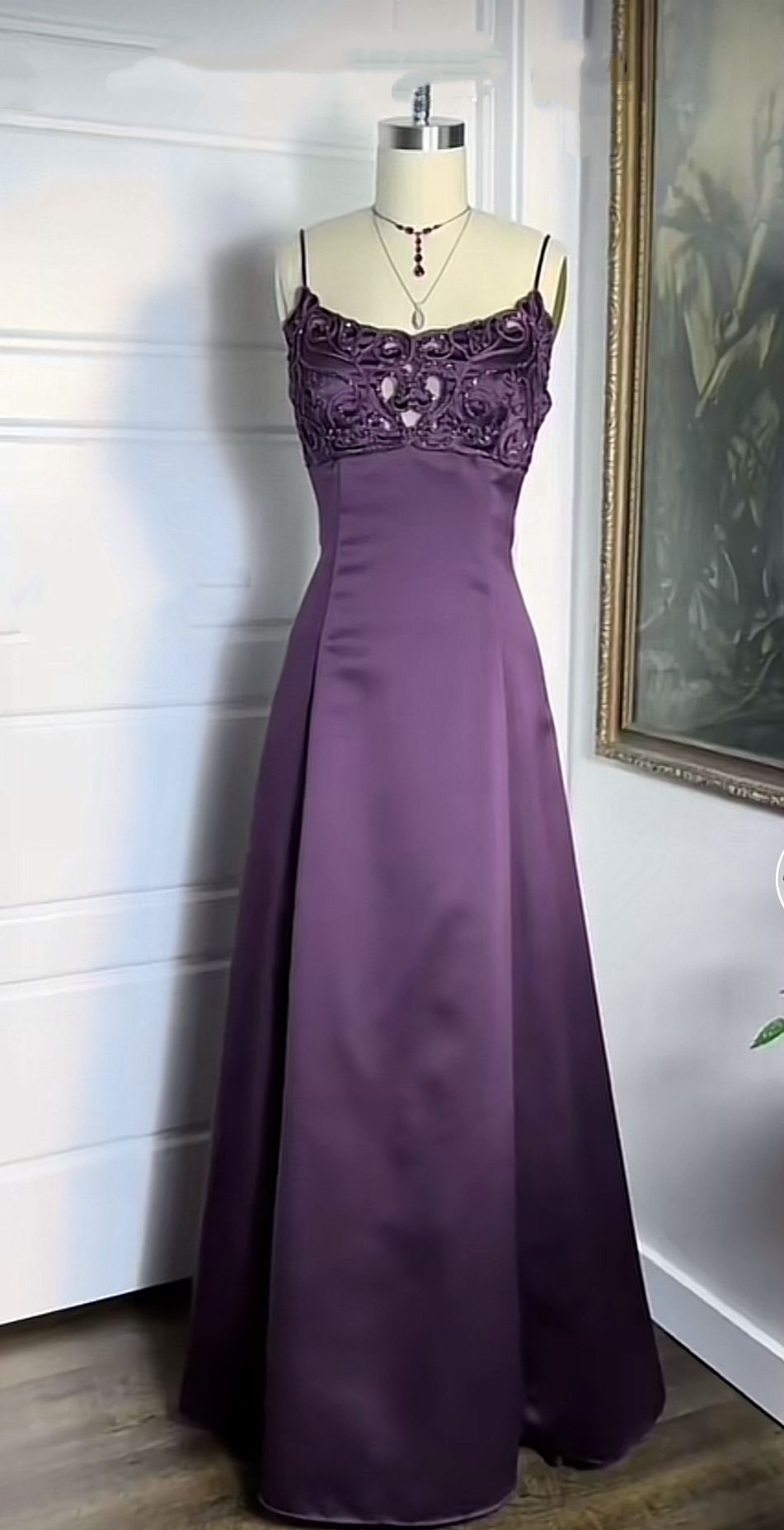 Elegant Purple Spaghetti Straps Satin Long Wedding Guest Dress Formal Birthday Party Gown D1692
