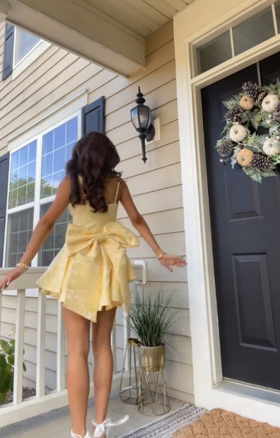 Cute Yellow Satin Print Floral A Line Short Party Dress Formal Homecoming Dress With Bow D116