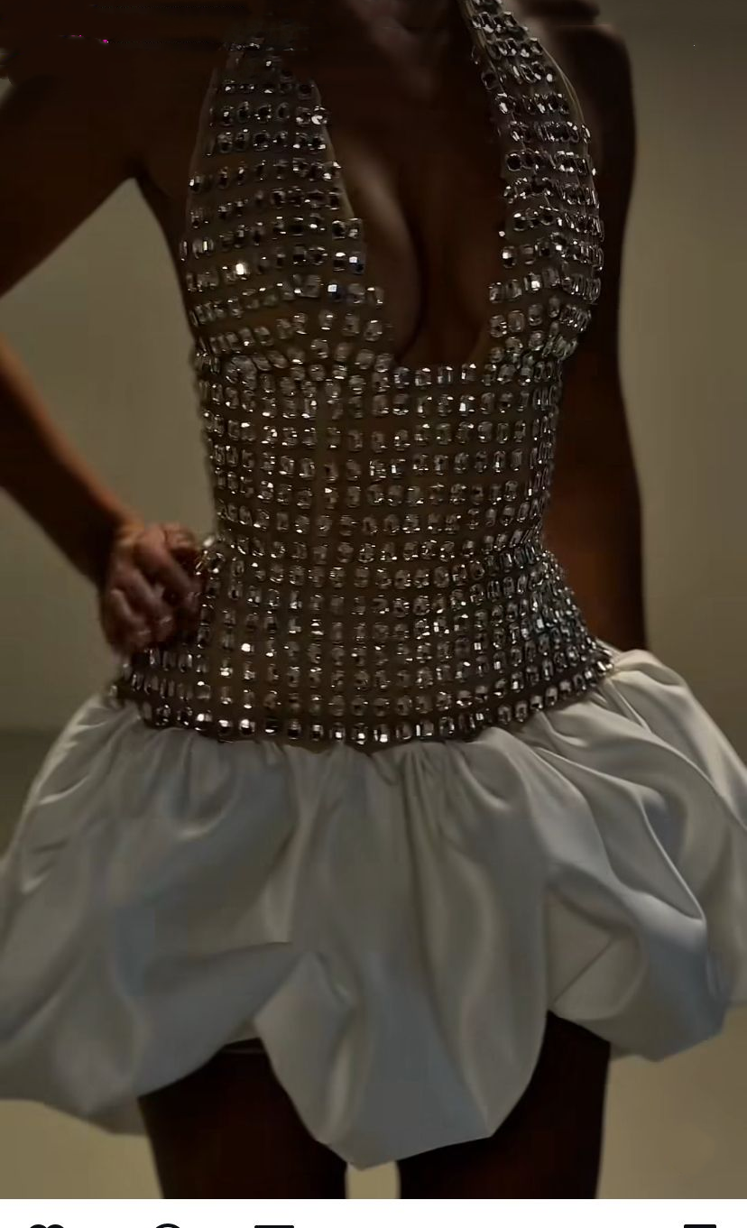 Gorgeous V Neck Halter White Satin Beaded Short 8th Grade Homecoming Dress Sexy Cocktail Dress D378