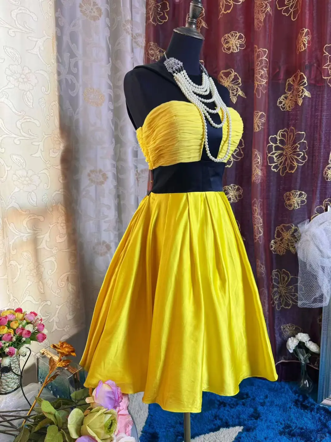 Fashion Yellow Black Splicing A Line Short Party Dress Formal Graduation Homecoming Dress D527