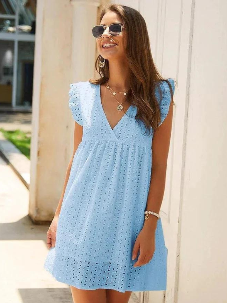 Eyelet Deep V-Neck Ruffle Cap Sleeve Babydoll Mini Summer Dress