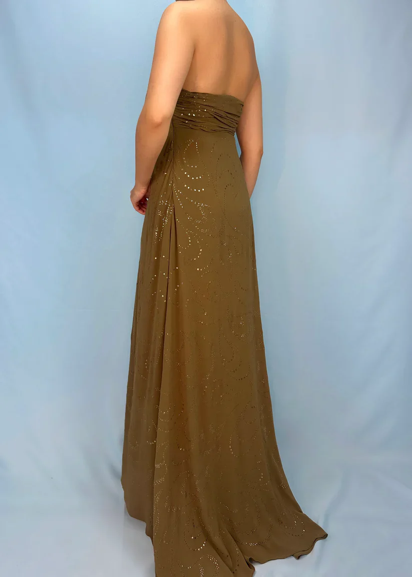 Vintage Matcha Green Strapless Satin Sequin Mermaid Evening Dress Long Birthday Party Gown D1389