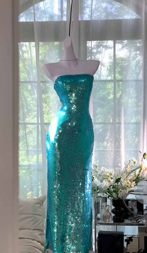 Sparkly Strapless Blue Sequin Slit Mermaid Long Prom Dress Party Dress D916