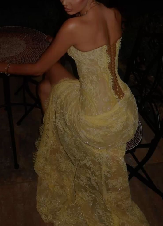 Gorgeous Strapless Yellow Lace Sequin High Slit Mermaid Long Prom Dress Evening Gown D1028