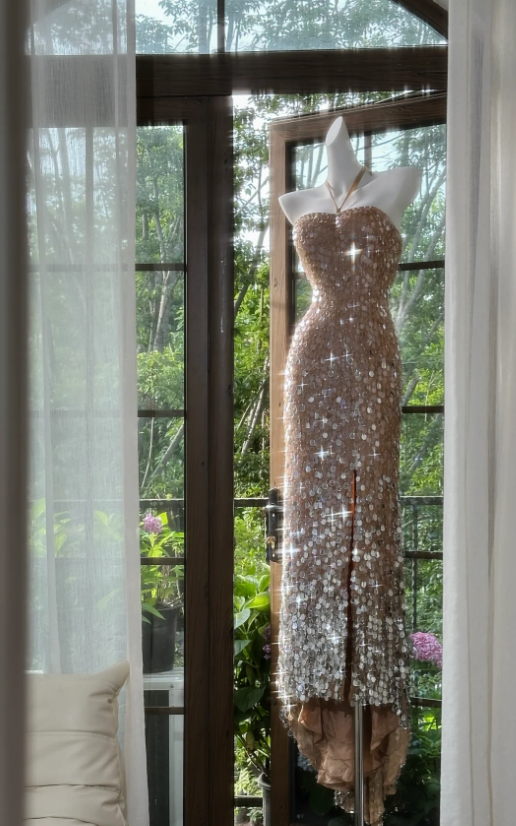 Gorgeous Halter Champagne Sequin Slit Mermaid Party Dress Long Evening Gown D1250