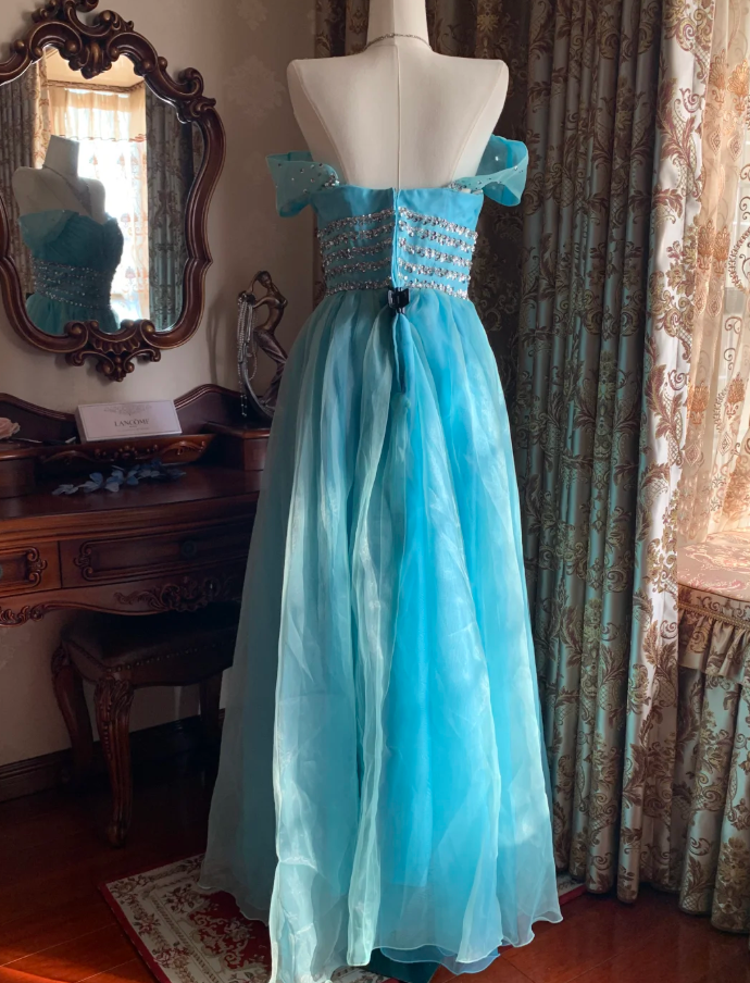 Cute Off The Shoulder Blue Tulle Beaded A Line Princess Party Dress Long Evening Gown D1714