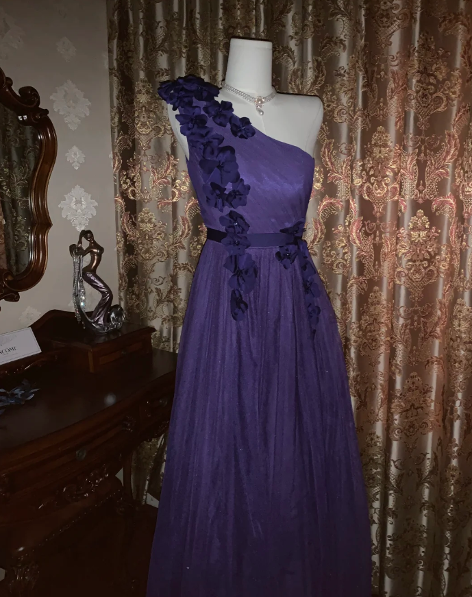 Elegant Purple One Shoulder Tulle Appliques A Line Wedding Guest Dress Long Party Dress D1721