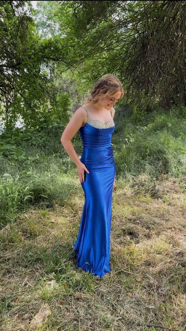 Gorgeous Spaghetti Straps Royal Blue Satin Beaded Mermaid Party Dress Formal Wedding Guest Dress D953