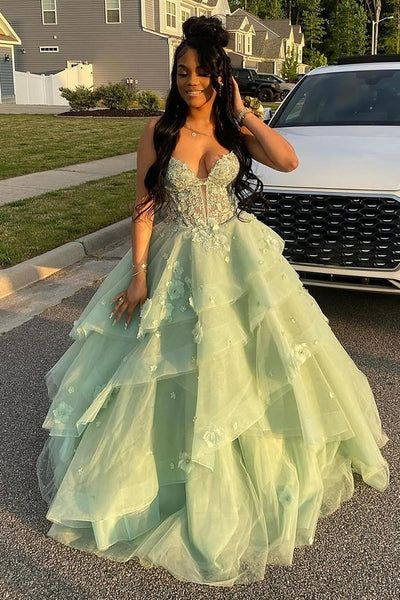 Charming Light Green Tulle Appliques Long Evening Dress Birthday Party Dress D1190