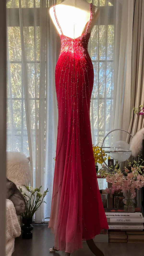 Gorgeous Spaghetti Straps Red Chiffon Beaded Mermaid Long party Dress Evening Gown D1571