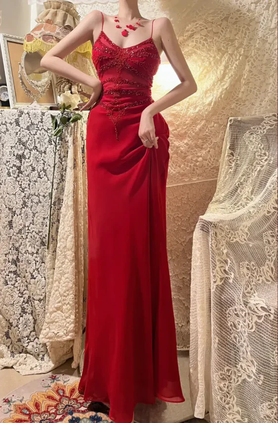 Charming Red Spaghetti Straps Chiffon Sequin Beaded Mermaid Evening Dress Long Wedding Guesrt Dress D1707