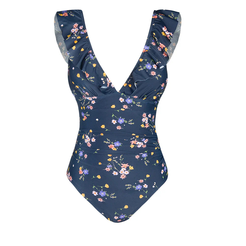 Ruffled V-neck Lace Up Monokini One Piece Set