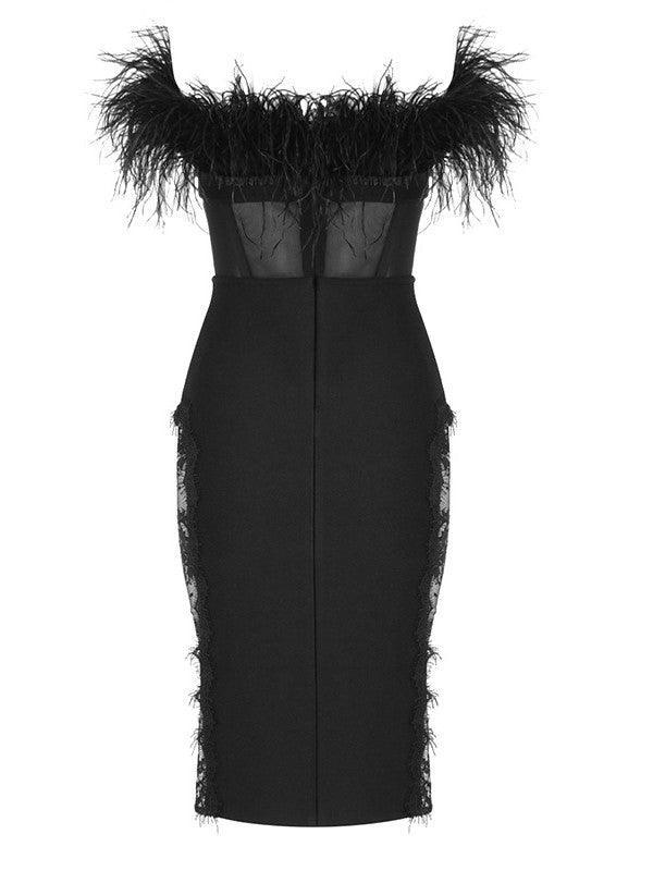 Feather Trim Strapless Sheer Corset Bodycon Midi Dress 8