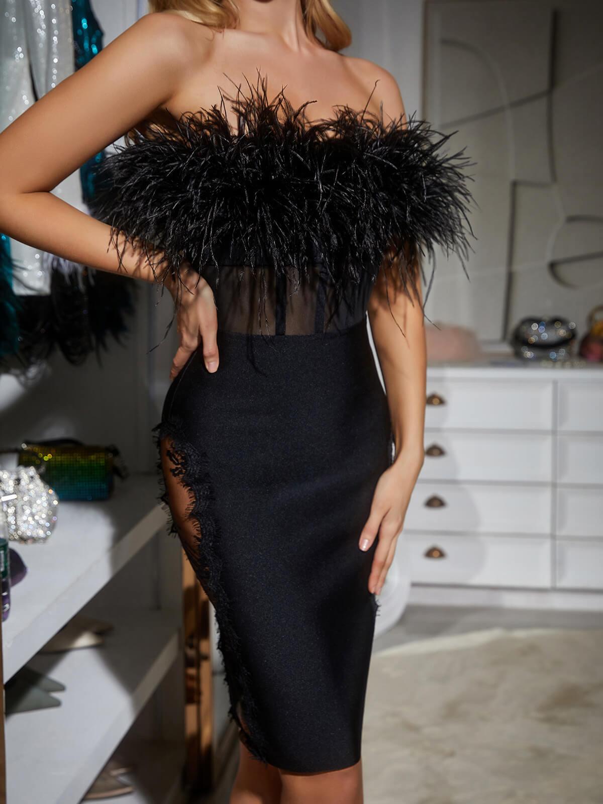 Feather Trim Strapless Sheer Corset Bodycon Midi Dress 5