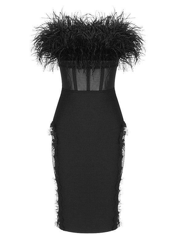 Feather Trim Strapless Sheer Corset Bodycon Midi Dress 6