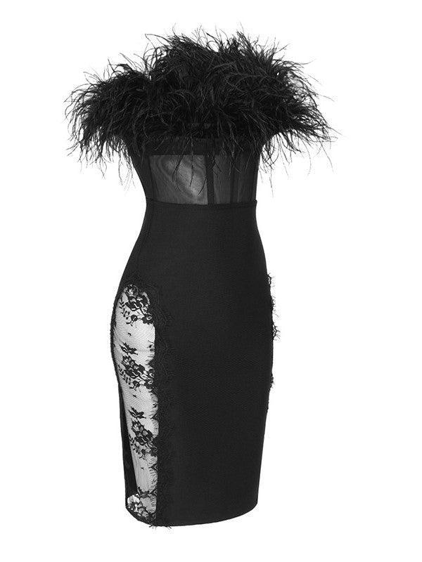 Feather Trim Strapless Sheer Corset Bodycon Midi Dress 7