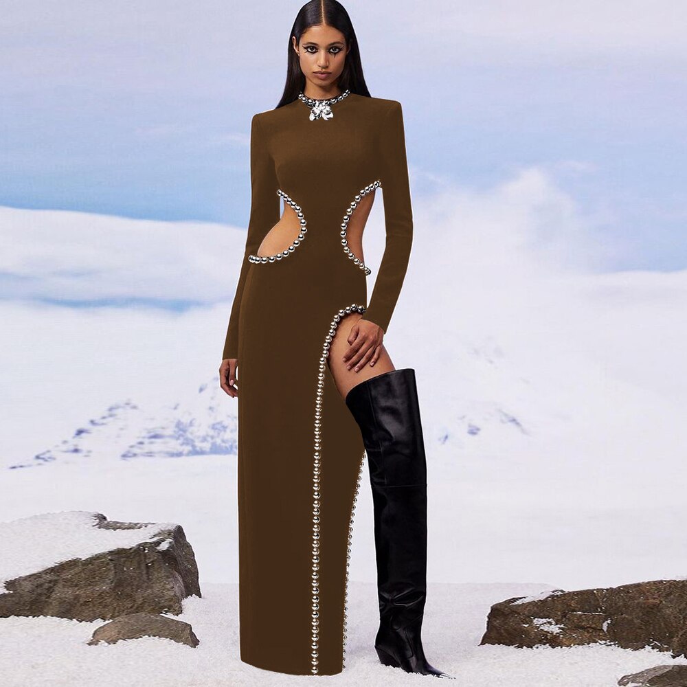 Pearl Bead Cut Out High Split Long Sleeve Gown 6