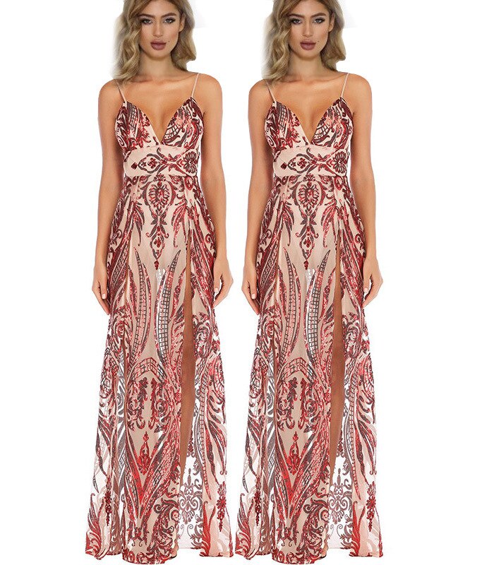 Sequin Paisley Spaghetti Strap High-Slit Maxi Gown 4