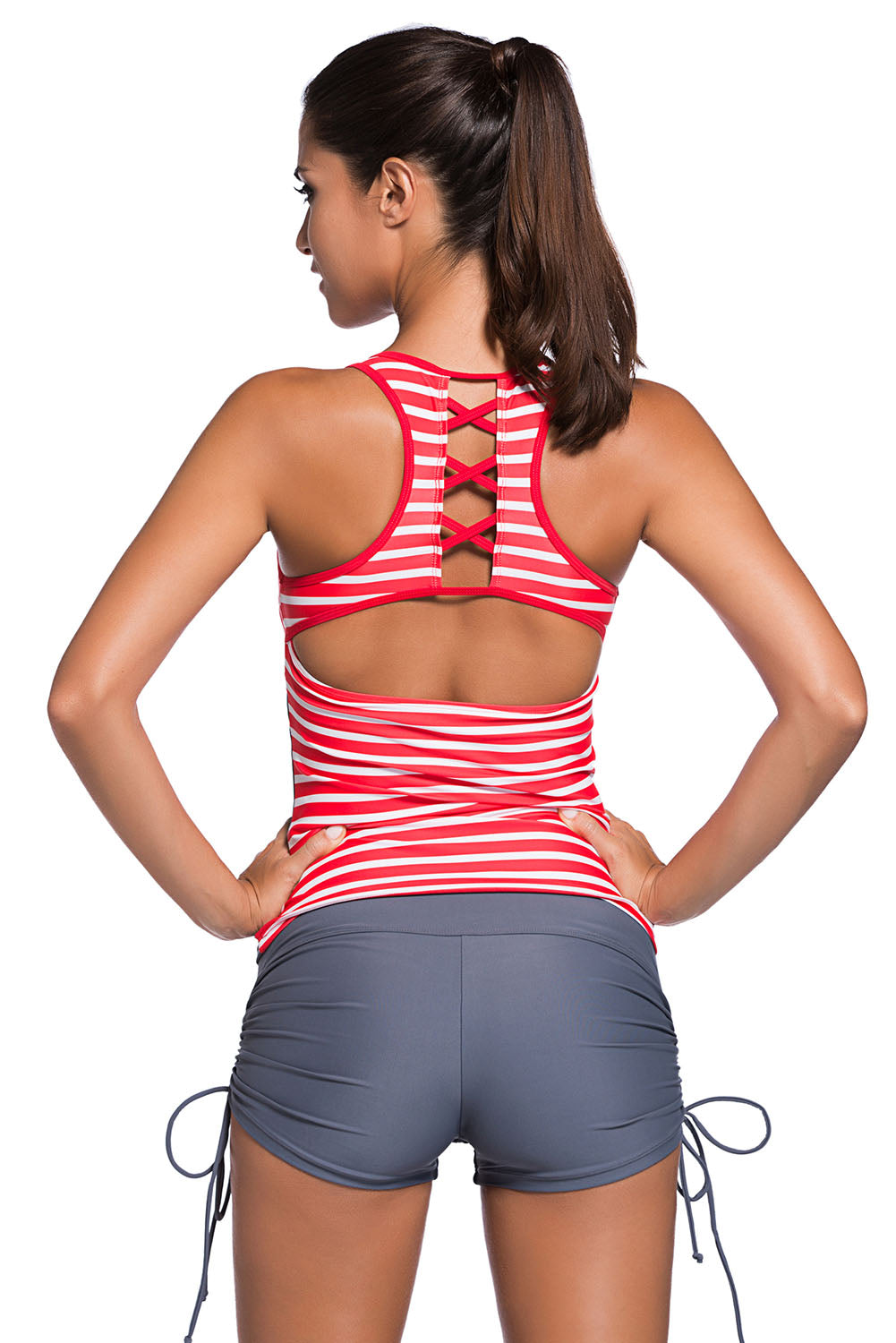 Red Active Striped Racerback Tankini and Swim Shorts