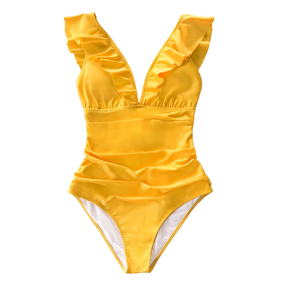 Ruffled V-neck Lace Up Monokini One Piece Set