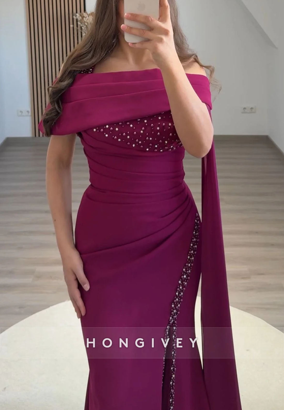 Side Draping Trumpet Evening Gown Floor-Length Off the Shoulder Beading Formal Dresses
