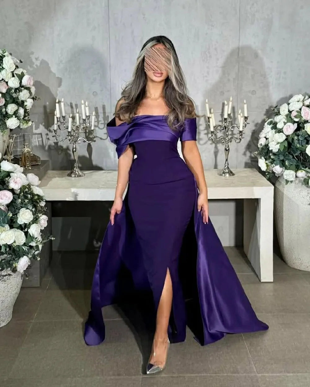 2025 Off Shoulder Evening Dress Purple Satin Formal Gown Slit Elegant Prom Dress Floor Length Party Dress Customizd
