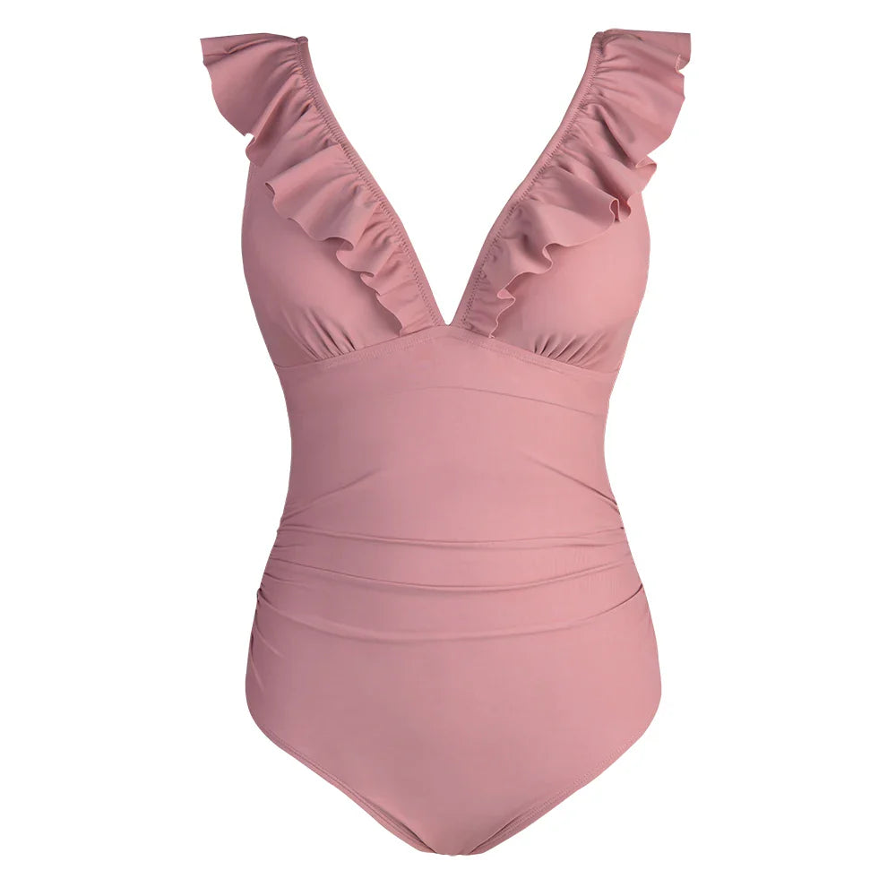 Ruffled V-neck Lace Up Monokini One Piece Set