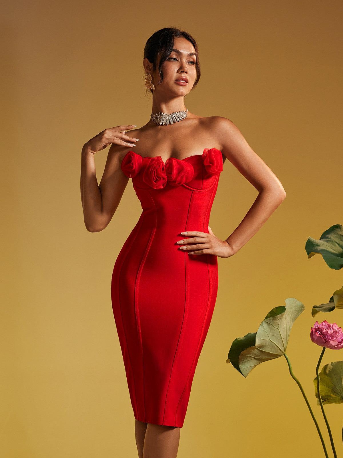 Bandage Strapless Floral Corset Midi Dress