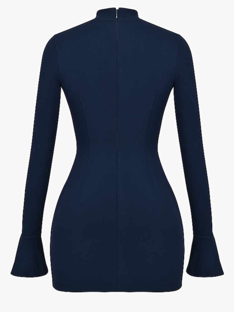 Mock Neck Long Sleeve Bell Cuff Flap Bodycon Mini Cocktail Dress - View 4