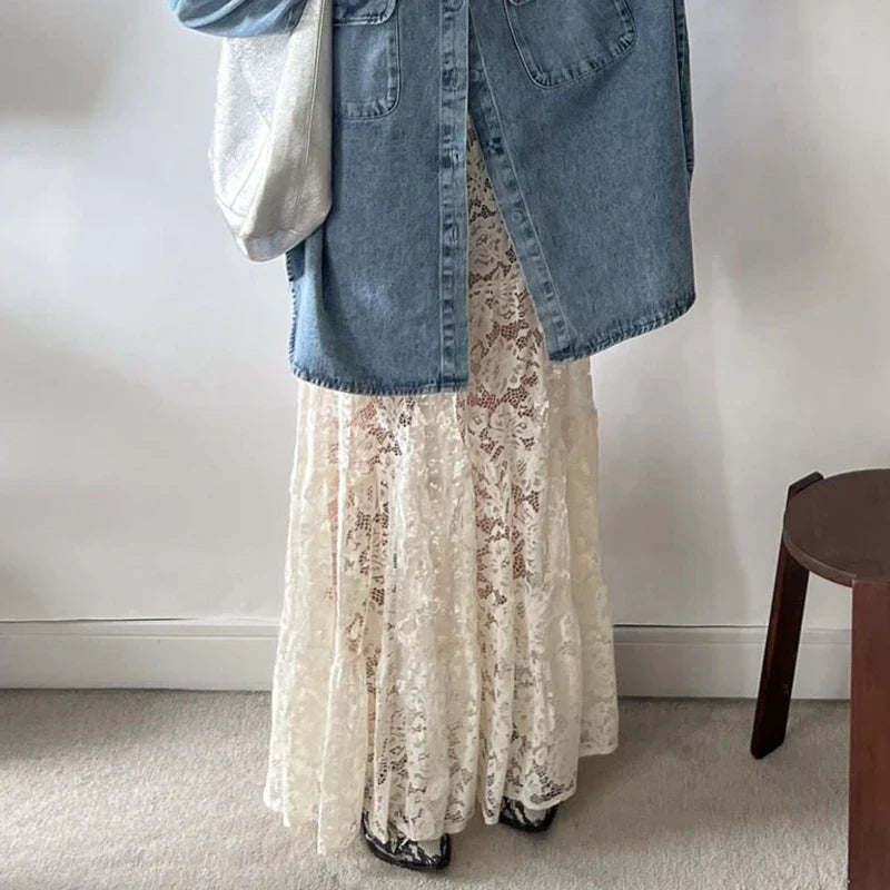 Lace Sheer A-Line Vintage Floral See-Through Skirt