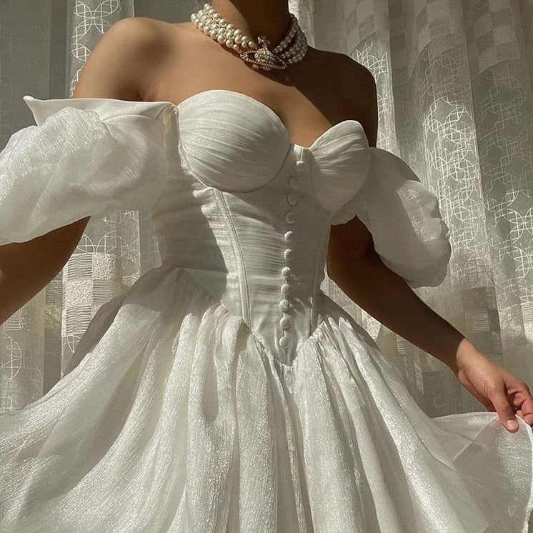 Satin Off Shoulder Puff Sleeve Corset Button Front Dress