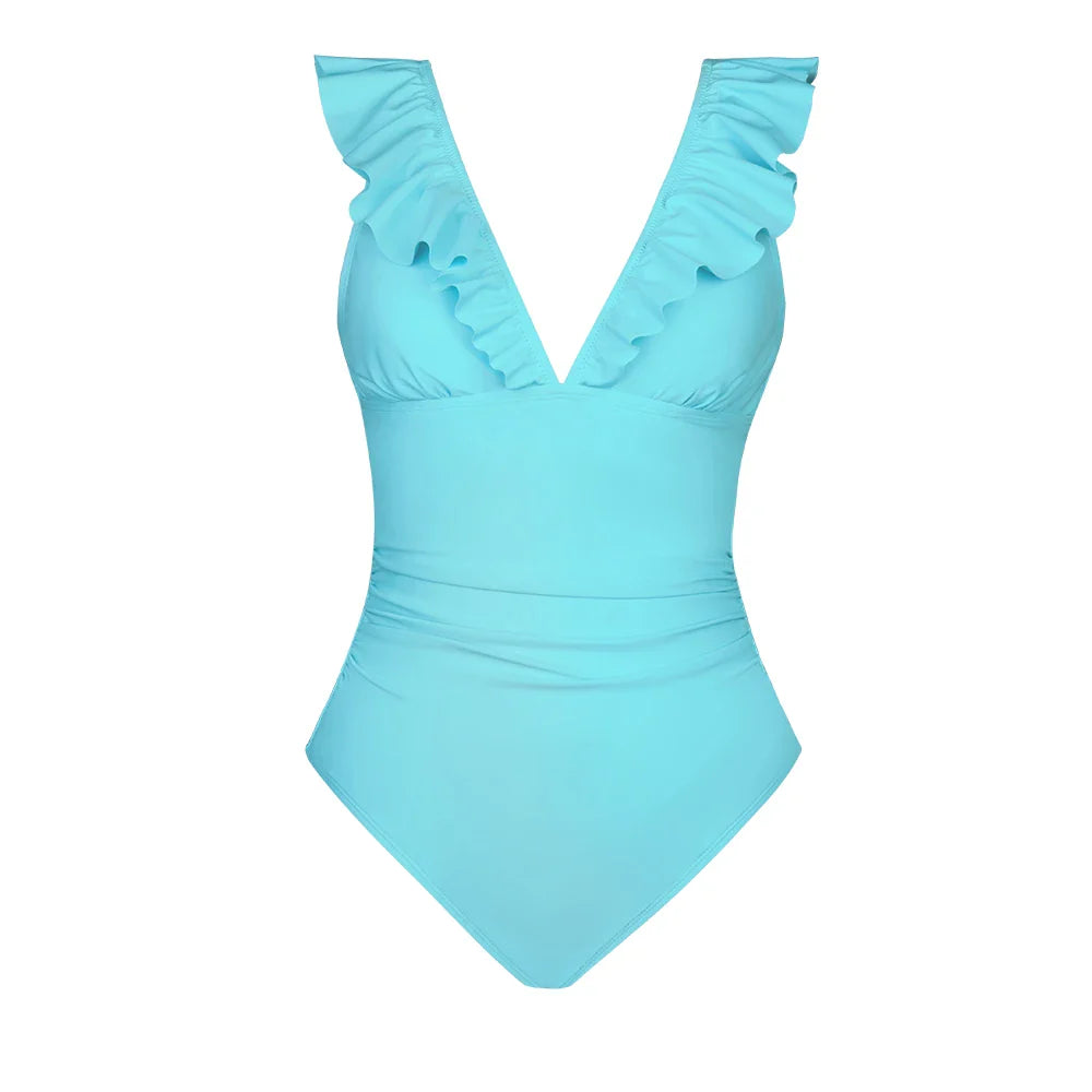 Ruffled V-neck Lace Up Monokini One Piece Set