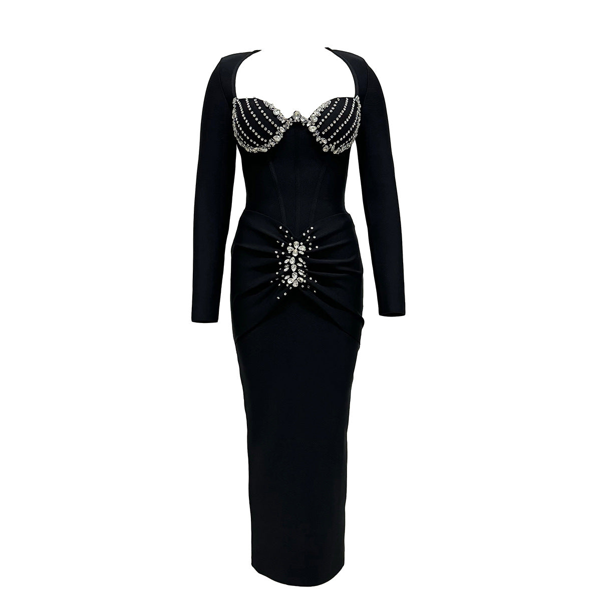 Rhinestone Long Sleeve Sweetheart Corset Bodycon Maxi Gown - View 2