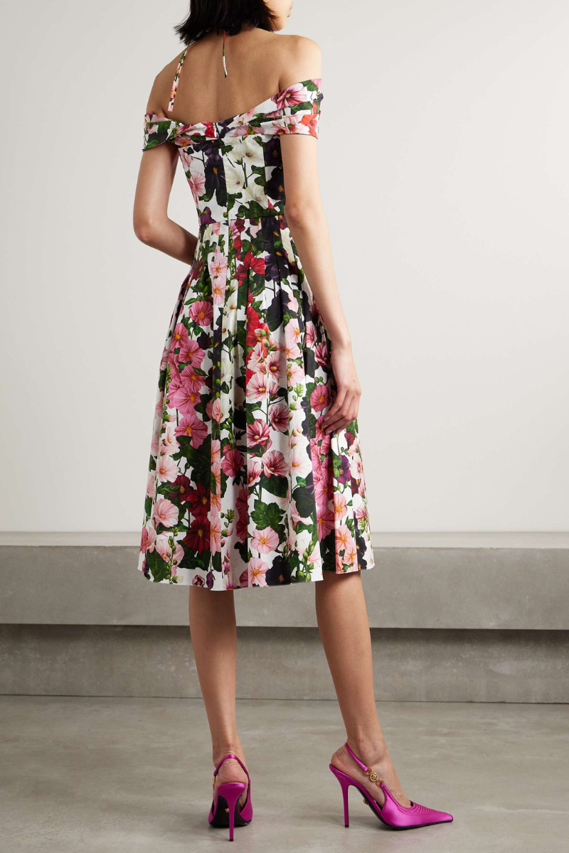 Floral Off Shoulder Halter Neck Fit and Flare Midi Dress