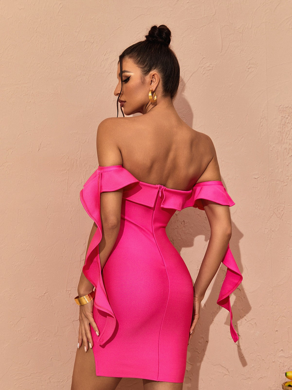 Alivia Off Shoulder Ruffle Bandage Dress In Hot Pink