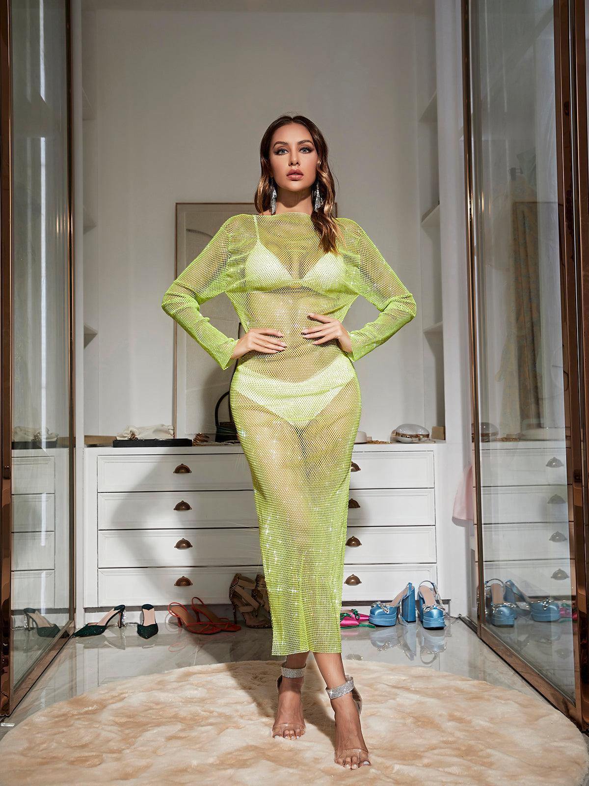 Rhinestone Mesh High Neck Long Sleeve High Slit Maxi Dress 2